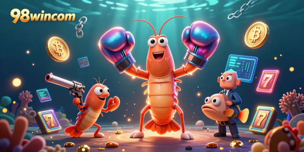 Engage with 98wincom's vibrant casino world featuring lively characters and glowing crypto elements.