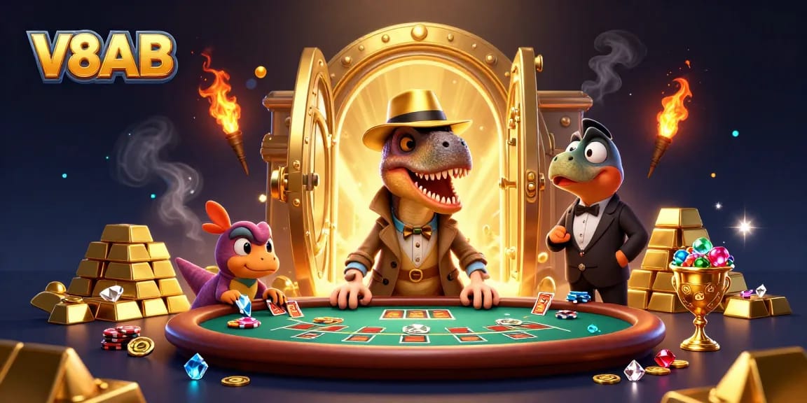 V8AB velociraptor card counter engages at a blackjack table in a vibrant casino environment filled with treasures