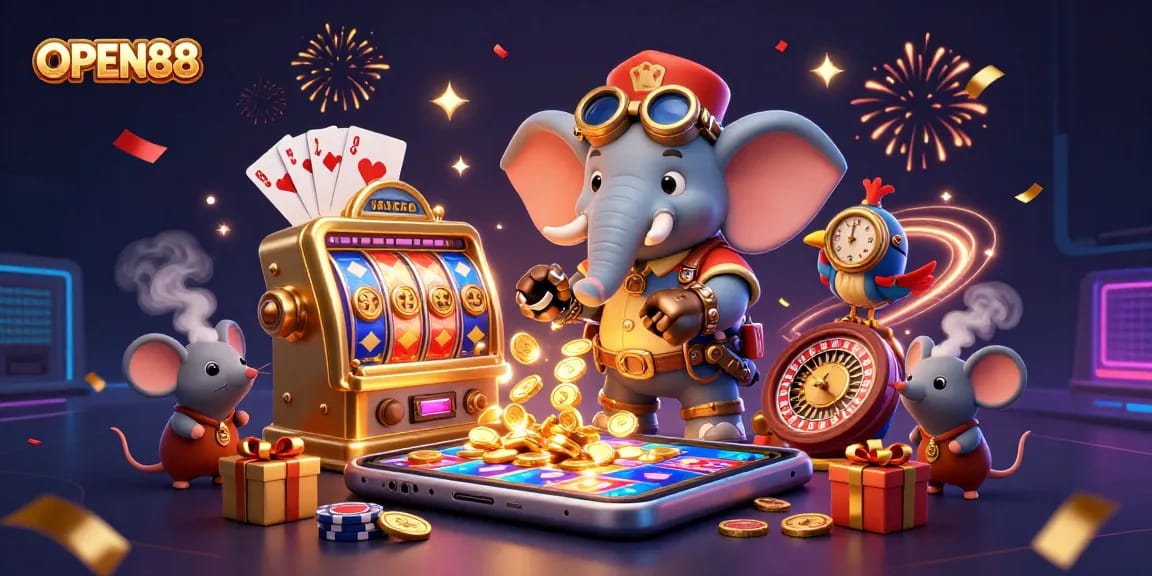Experience thrilling gameplay with OPEN88 at a vibrant, steampunk-inspired casino environment.