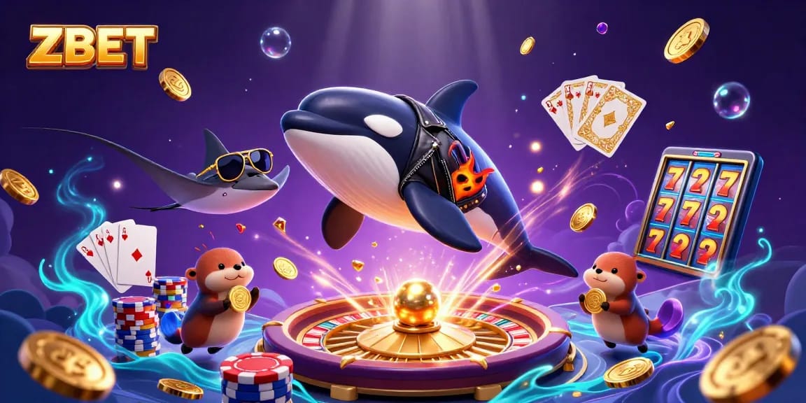 ZBET showcases thrilling gambling action with a dynamic 3D scene featuring characters amidst cascading coins and casino elements.
