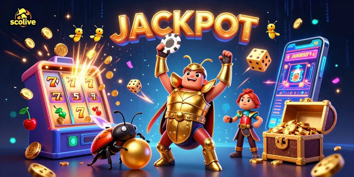 Socolive features a triumphant beetle champion lifting a poker chip, exciting casino elements abound