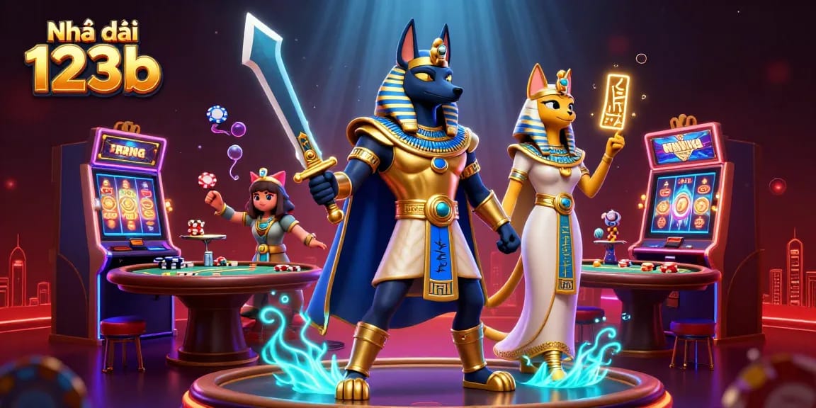 Engage with Nhà cái 123b in a vibrant casino scene featuring ancient Egyptian characters and exciting game elements.