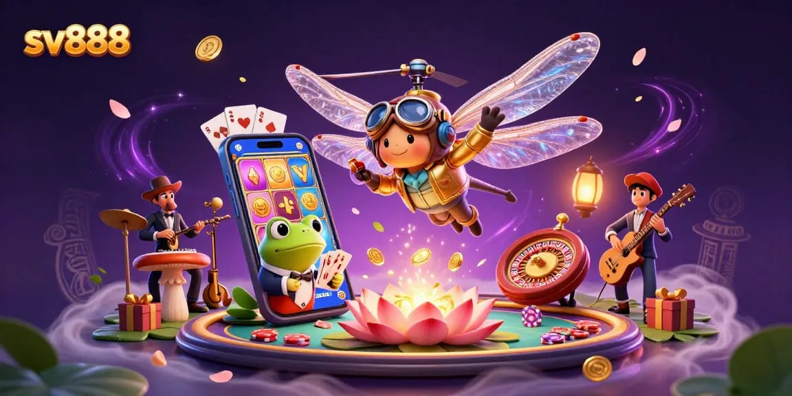 sv888 thrilling scene with a dragonfly pilot and frog dealer in an animated casino setting
