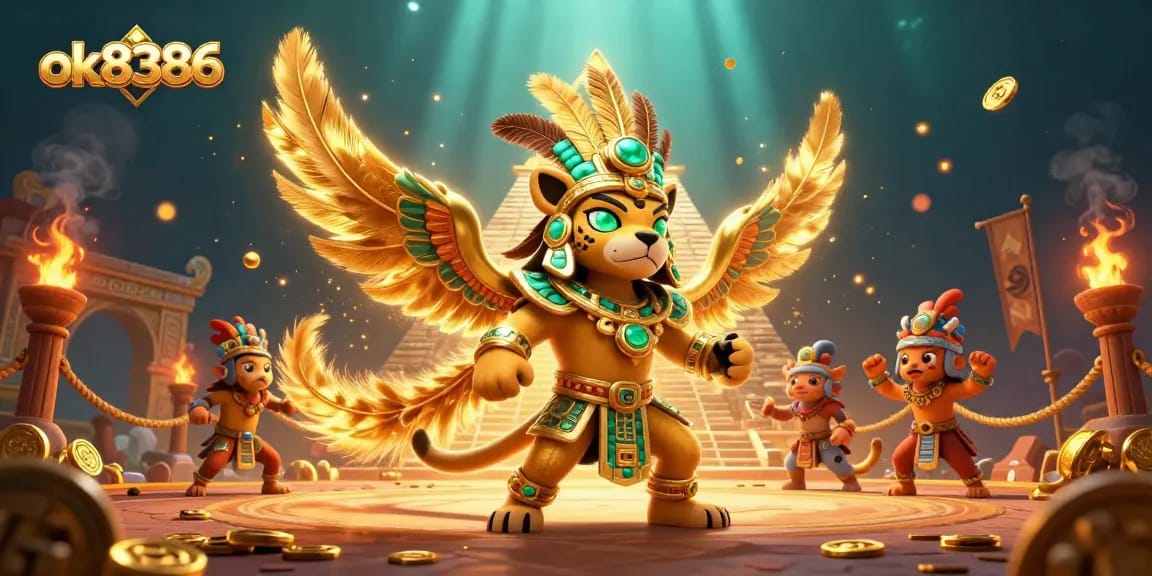 Engage with thrilling online gaming at ok8386, featuring vibrant Mayan and quetzal elements amidst dynamic betting tokens.