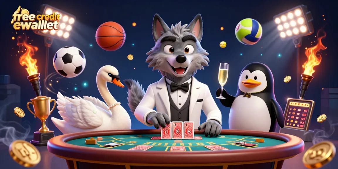 Enjoy the thrill of gambling with free credit ewallet at a lively casino scene featuring a wolf, swan, and penguin.
