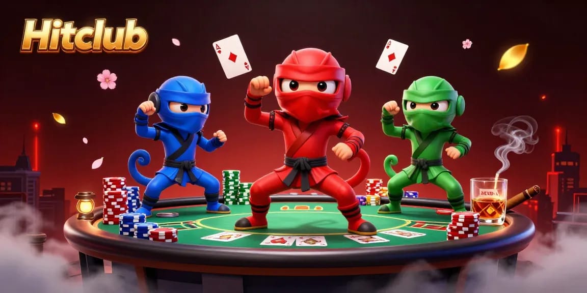 Hitclub chameleons showcase synchronous winning moves at a festive poker scene.
