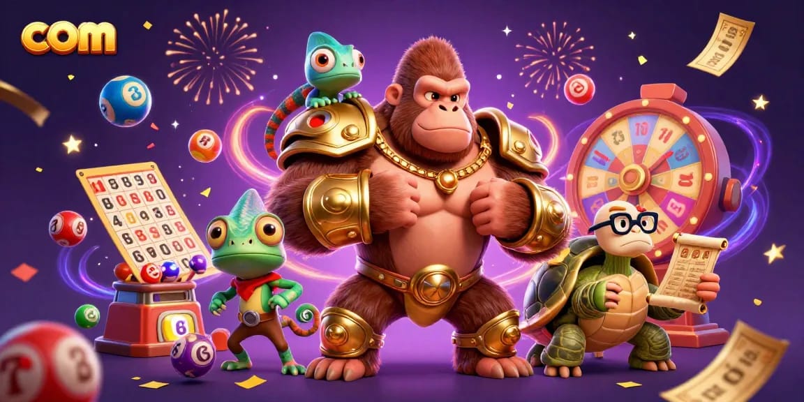 Experience thrilling lottery excitement with com, featuring a gorilla king, chameleon spy, and vibrant winning elements.
