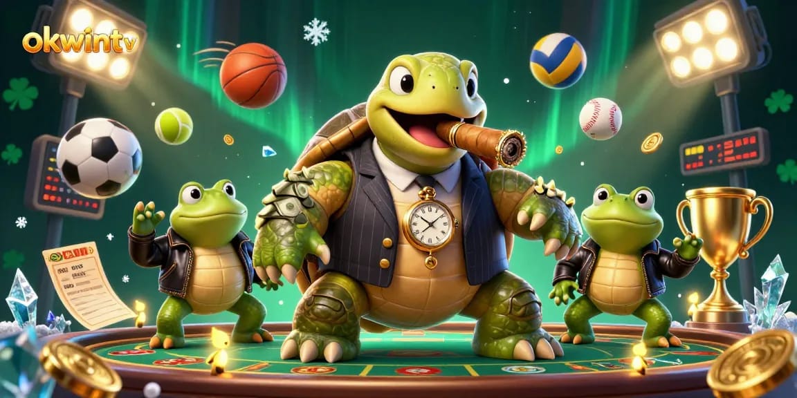 Betting with okwintv: A lively scene with a cartoon turtle and frog enforcers amidst sports elements.