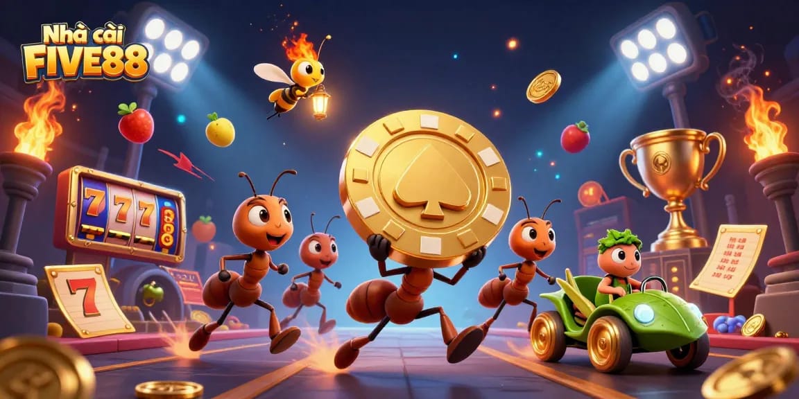 Experience thrilling action with Nhà cái FIVE88 as cartoon ants carry a giant poker chip through a dynamic casino scene.