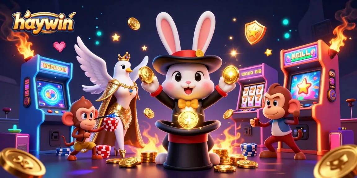 Experience thrilling excitement at haywin with a 3D magical casino scene filled with coins and games.