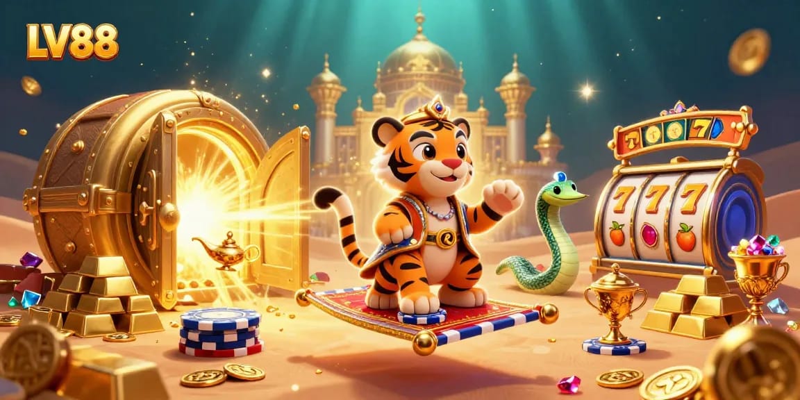Play thrilling slots at LV88 with an Arabian Nights theme featuring a sultan and treasures.
