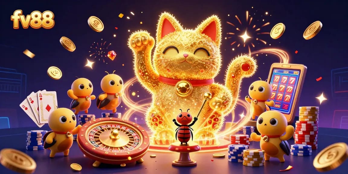Experience the thrill of winning at fv88 with a vibrant casino illustration showcasing a lucky cat, sparkling treasure, and gaming excitement.