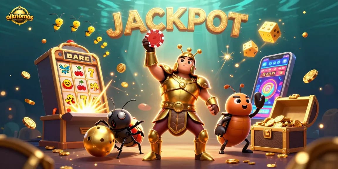 oikonomos cartoon scene featuring a triumphant beetle, jackpot elements, and vibrant casino graphics