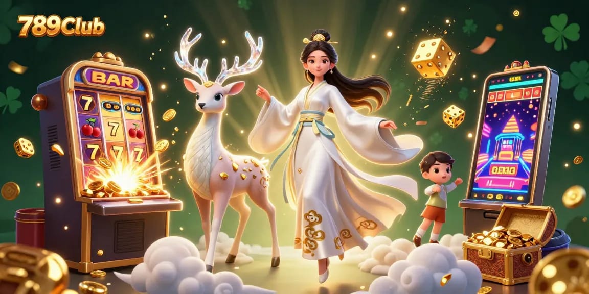 Experience excitement with 789Club's top games as a beautiful woman in a modern hanfu poses amidst rich casino elements.