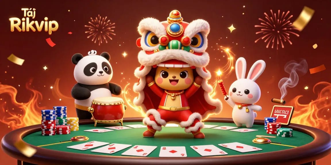 Tải Rikvip to experience dynamic casino action with a vibrant scene of celebrated characters and poker elements.