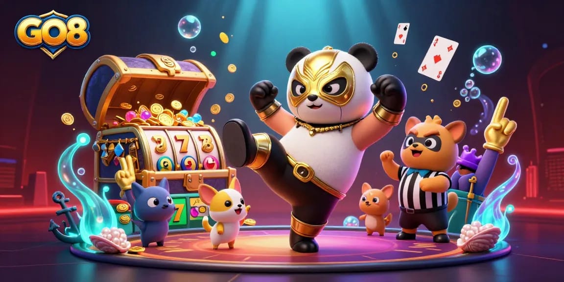 Experience GO8's thrilling casino atmosphere with a panda wrestler, vibrant game elements, and animated spectators.