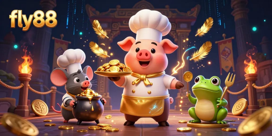 Engage with fly88's vibrant casino scene featuring a chef pig presenting gold coins alongside a tasting mouse and critic frog.