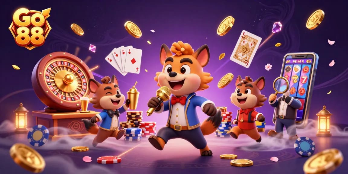 Engage with Go 88 in this vibrant casino scene showcasing dynamic elements and lively characters.