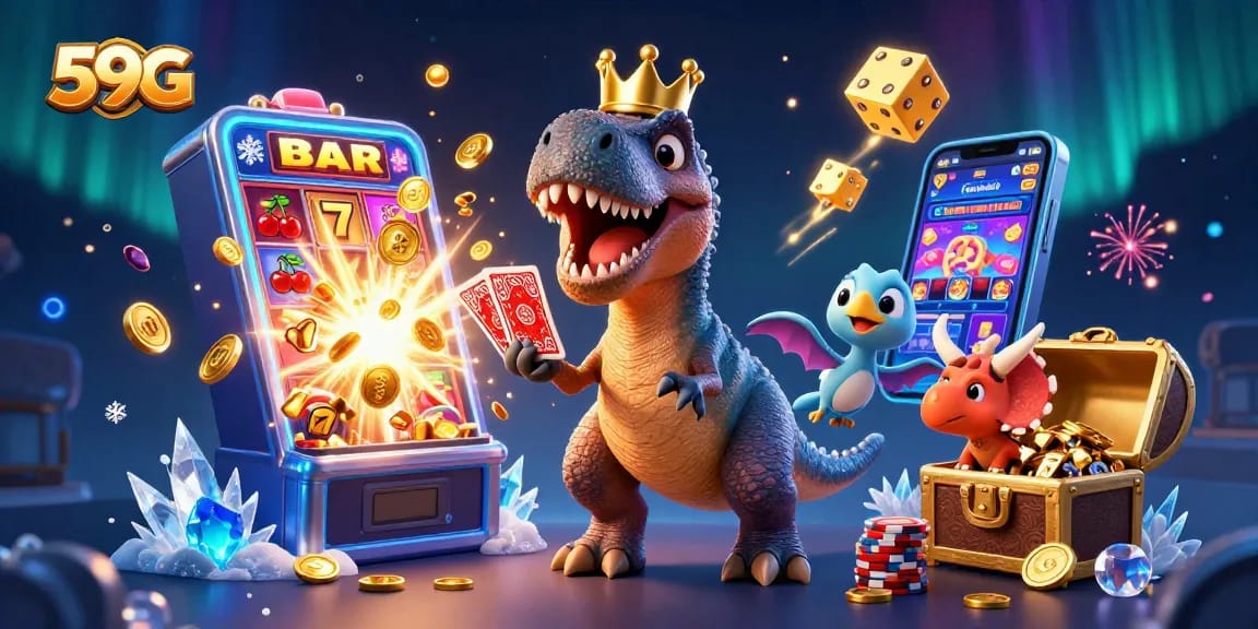 Engage with 59G's exciting casino experience in a vibrant 3D illustration featuring a fun dinosaur scene.