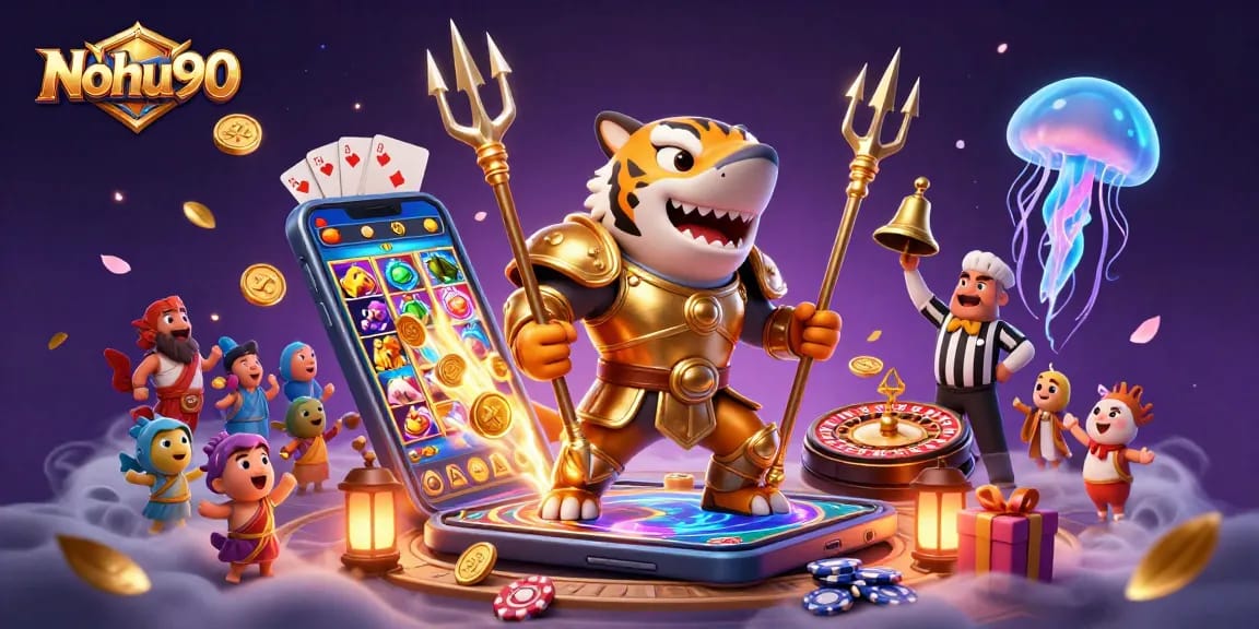 Nohu90 offers thrilling casino action with a shark gladiator and dynamic games backdrop