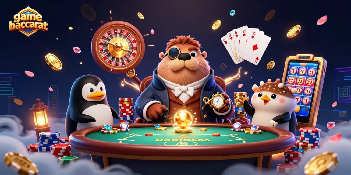 Engage in thrilling game baccarat action with a jolly walrus, penguin dealer, and pufferfish player.