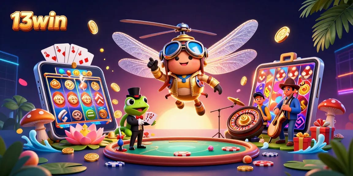 Engage with the 13win casino scene of a pilot dragonfly, a frog dealer, and jazz crickets playing.