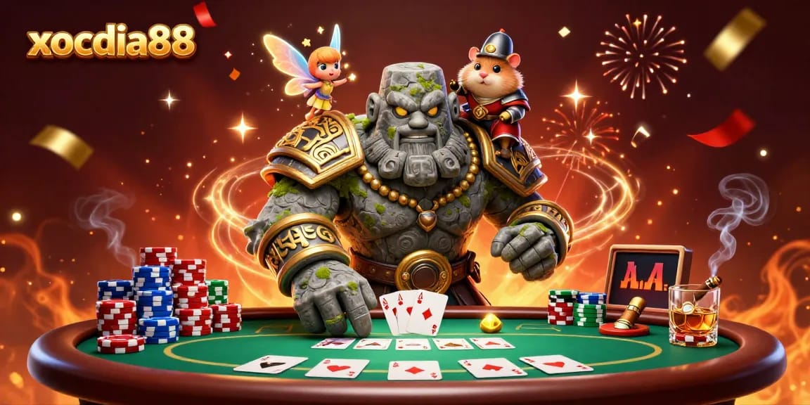 Xocdia88 features an ancient stone golem guardian with a hamster knight and a fairy, celebrating with poker chips and cards.