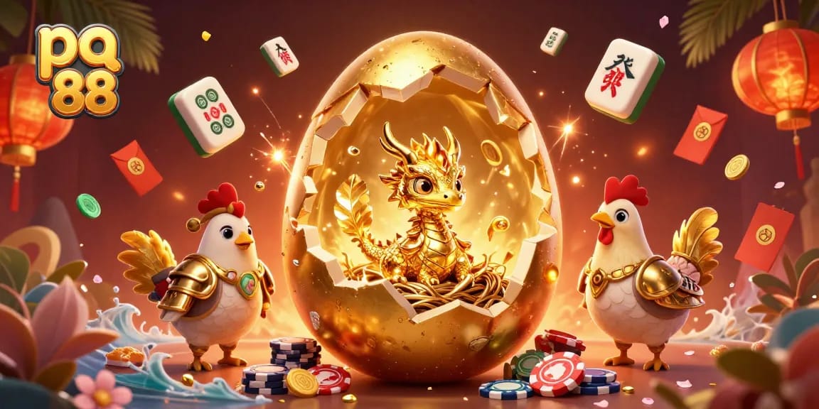 Engage with pq 88's captivating golden dragon emerging from a nest of poker chips amidst a vibrant casino atmosphere.