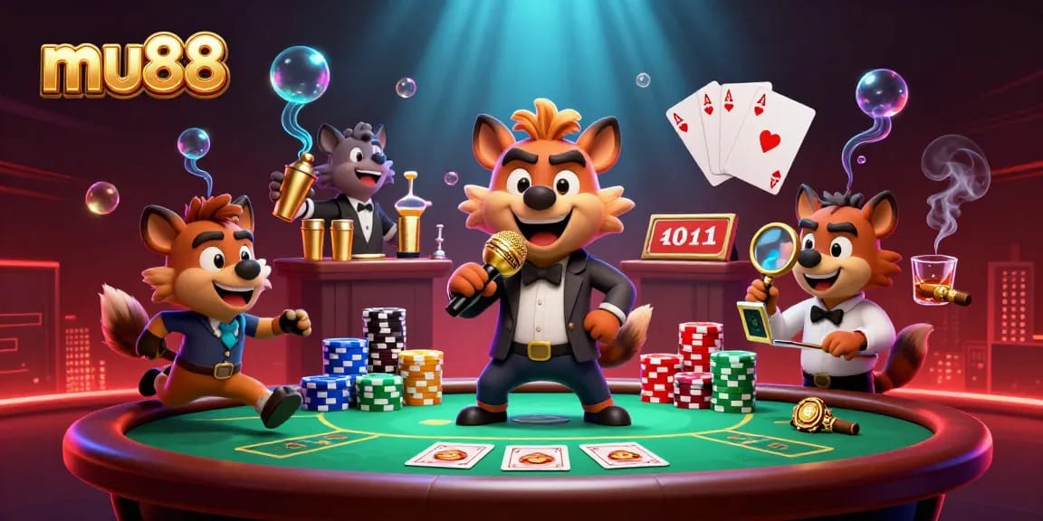 mu88 showcases a lively casino scene with hyena characters entertaining as players at a poker table.