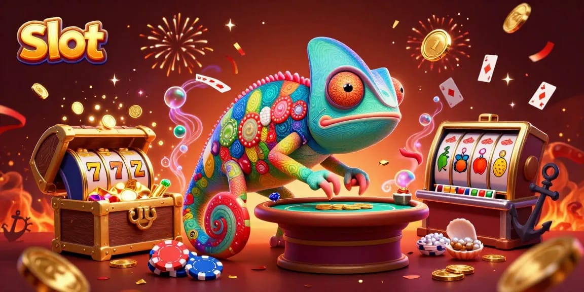 Engage with exciting slot games featuring the vibrant chameleon casino owner and colorful symbols.