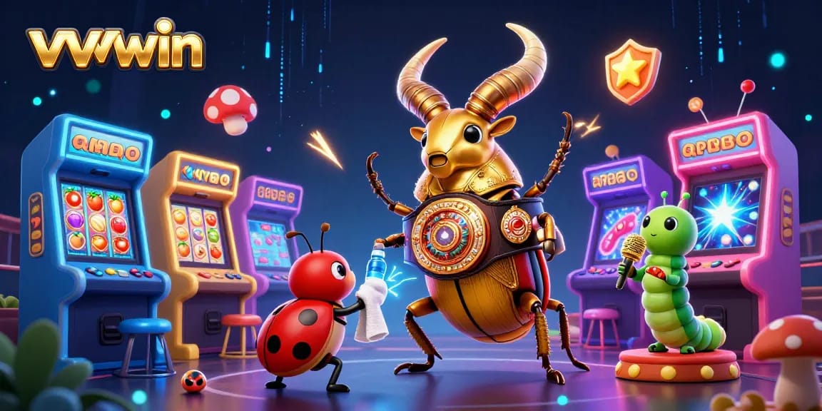Experience exciting gameplay at vvvwin with a giant stag beetle, arcade games, and vibrant casino elements.