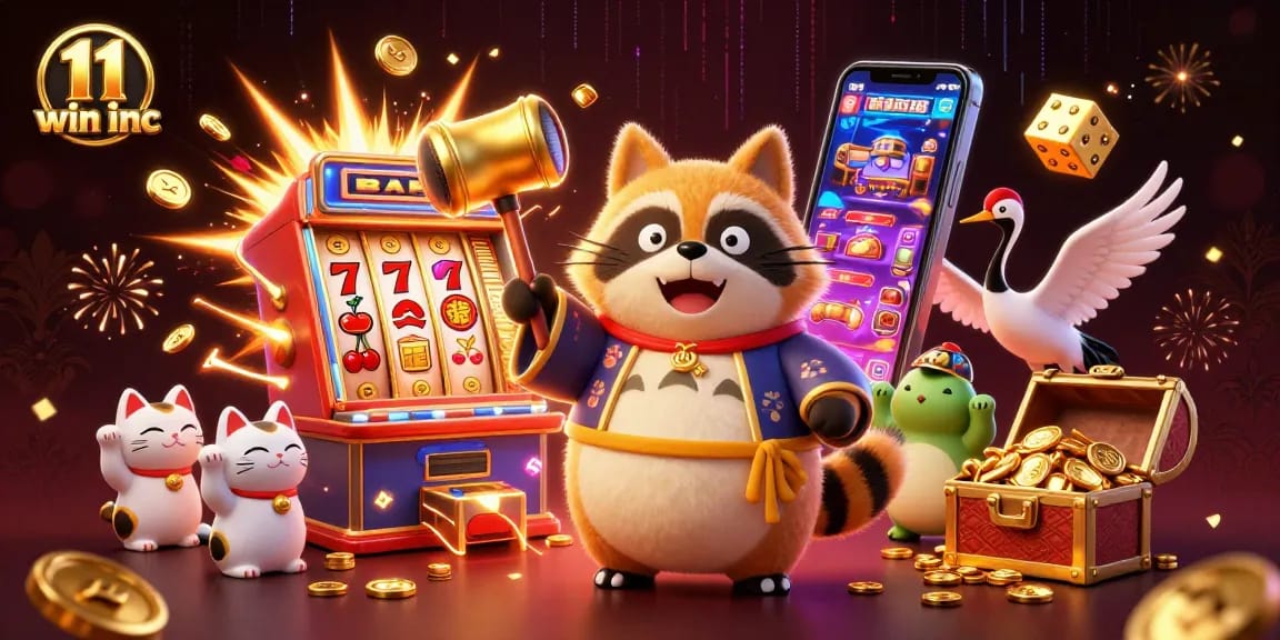 Engage with 11 win inc in a vibrant 3D casino scene showcasing a cheerful tanuki and exciting jackpots.