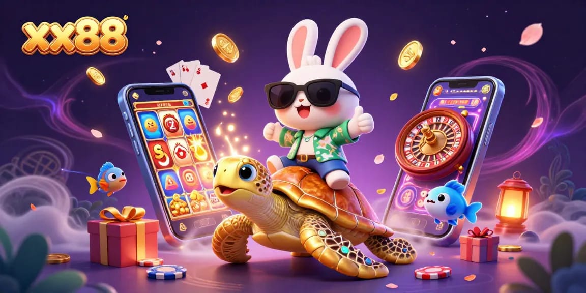 Experience vibrant gambling adventures with xx88 featuring a lucky rabbit and golden turtle in a 3D casino scene.