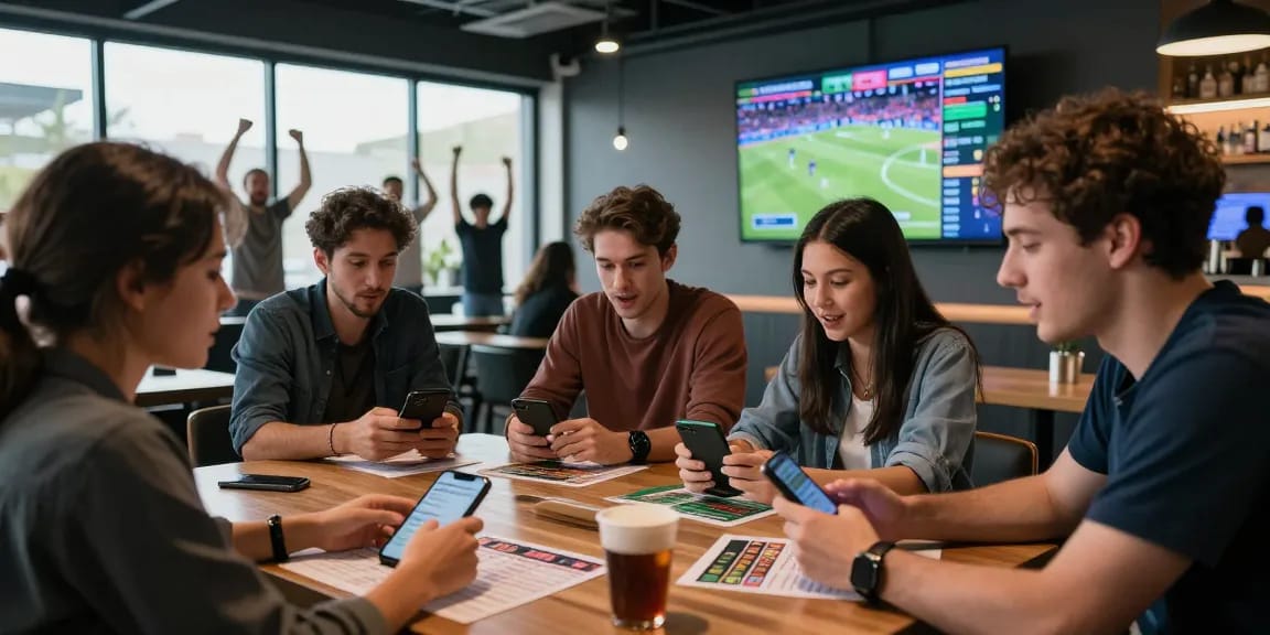 Enthusiastic bettors enjoying BOLA88 platform with live sports odds in a vibrant lounge atmosphere.