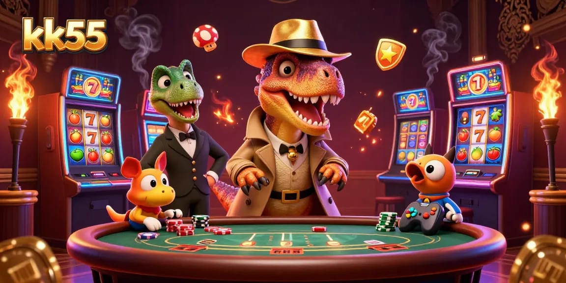 kk55 velociraptor card counter at a blackjack table amid flashy slot machines
