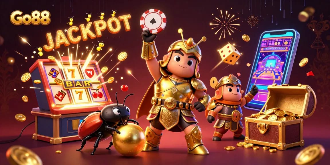 Experience the excitement of Go88 with a dynamic 3D scene showcasing a victorious beetle champion and casino elements.