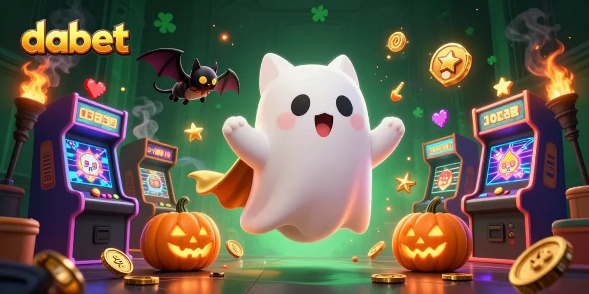 Experience excitement and thrills with dabet in this vibrant haunted casino illustration featuring playful characters.
