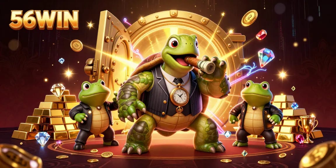 56WIN's dynamic casino scene features a cartoon turtle mobster and bullfrog enforcers around treasure.