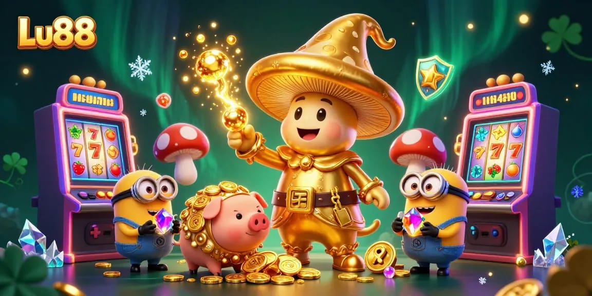 Experience the excitement of Lu88 with this vibrant 3D casino illustration showcasing winning slot machines and magical characters.