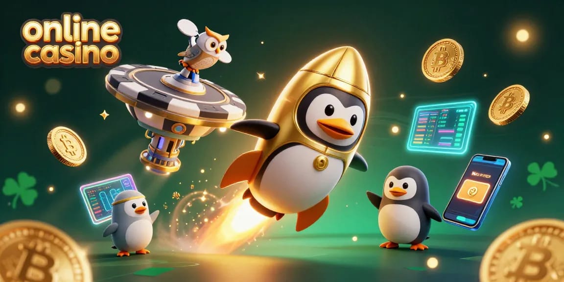 Experience the excitement of online casino gaming with a lively penguin exploring crypto elements.