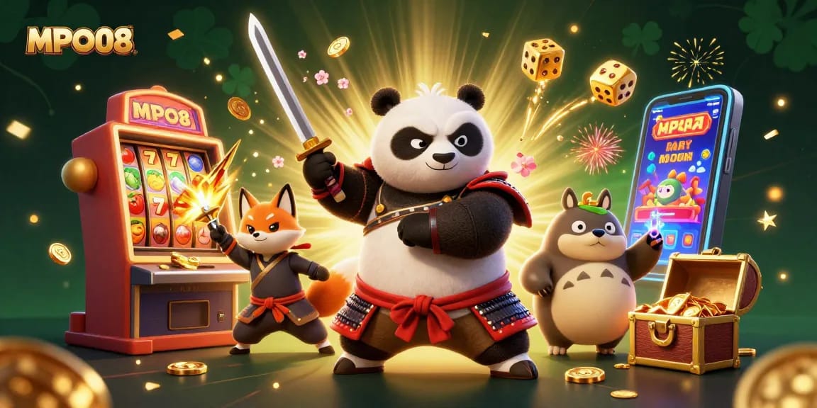 MPO08 engages players with vibrant characters and exciting slot action in a dynamic casino scene.