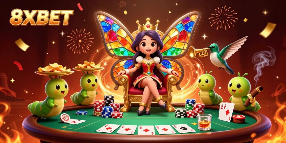 Experience excitement with 8XBET as vibrant characters engage in a lively casino setting.