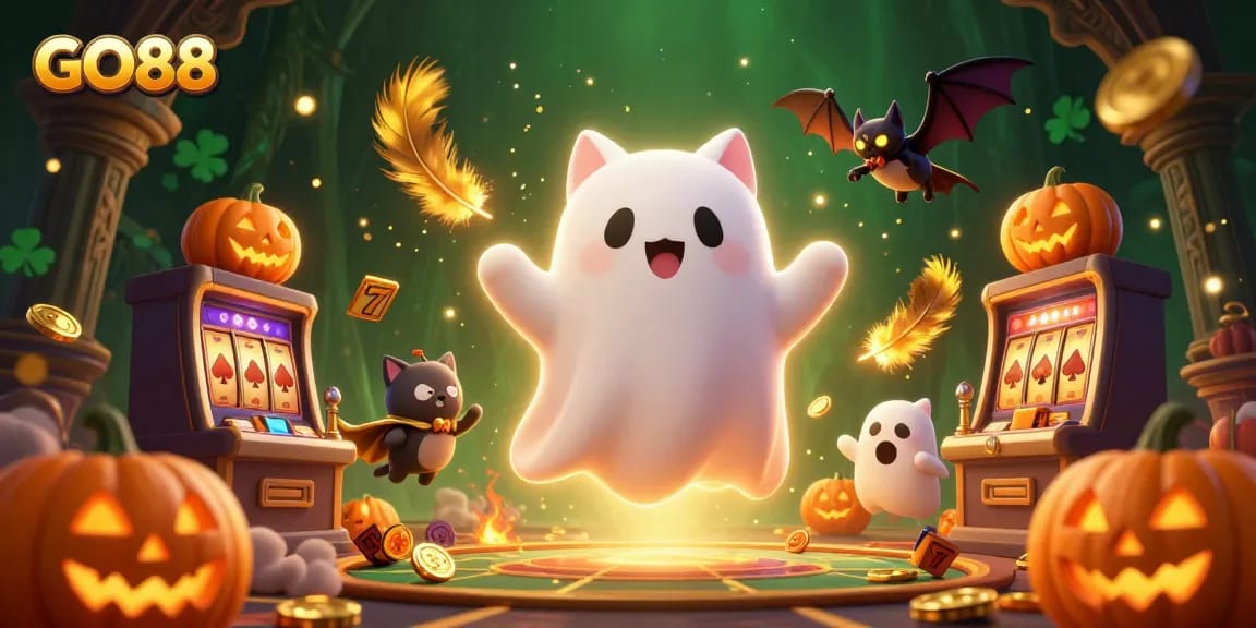Experience the thrill of GO88 in a vibrant haunted casino scene featuring a ghost cat and vampire bat.