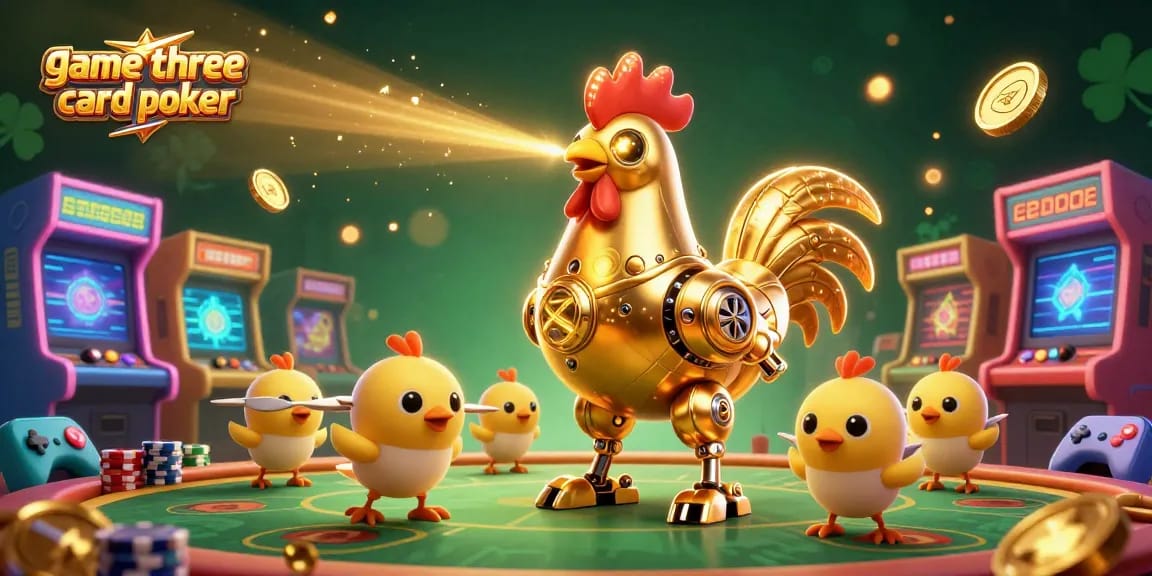 Engage in the game three card poker with a dynamic casino scene featuring vibrant gaming elements.