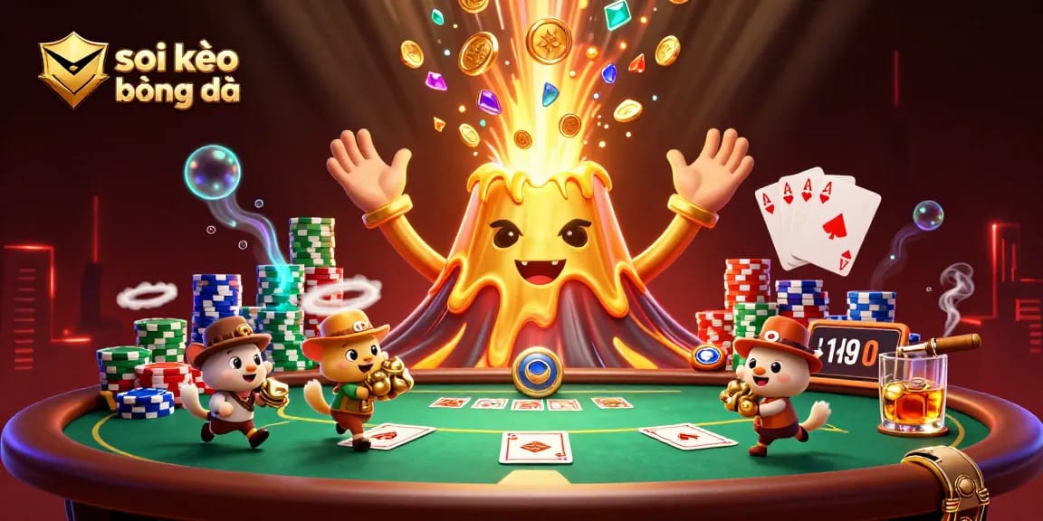Engage in soi kèo bóng đá as golden volcano erupts treasures amidst a colorful poker setup.