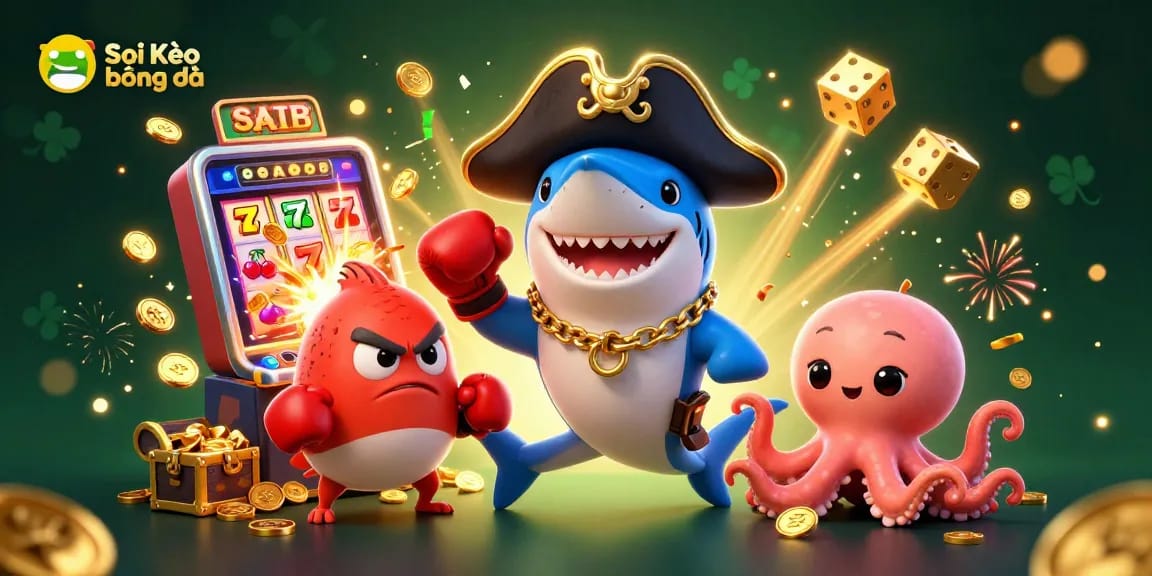 Soi Kèo bóng đá theme illustration with a pirate shark, pufferfish, and octopus celebrating a jackpot with coins, slots, and casino elements.