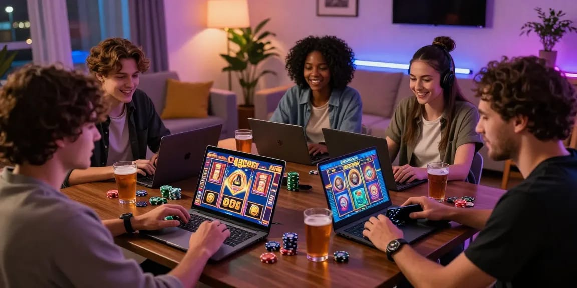 Engaged players enjoying slot gacor games online in a vibrant, cozy setting with gaming elements.
