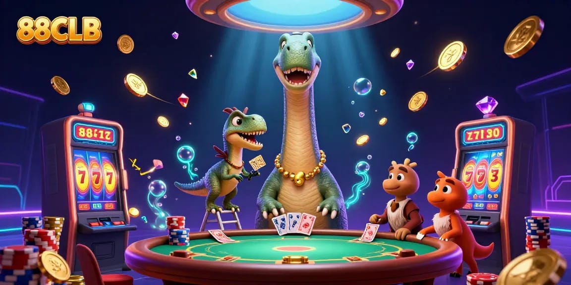 88CLB players experience thrilling casino action with a cartoon brontosaurus and raptor dealers