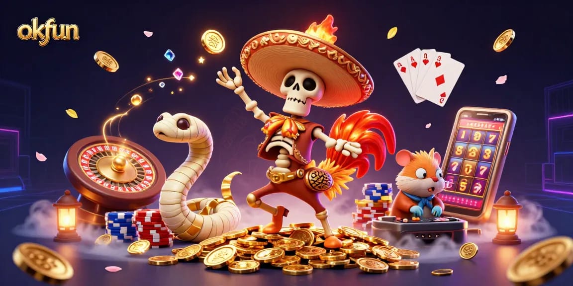 Experience the thrill of gaming at okfun as colorful characters celebrate amidst flying coins and gems.