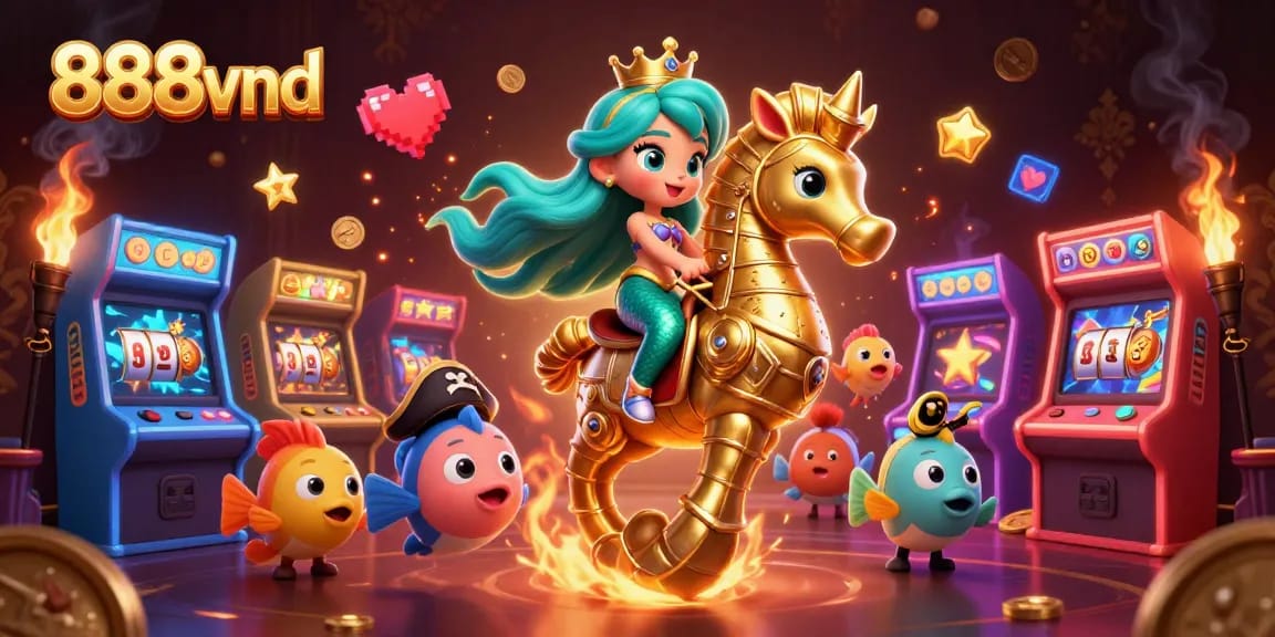 Experience the excitement of 888vnd with a colorful casino illustration showcasing vibrant game elements and characters.